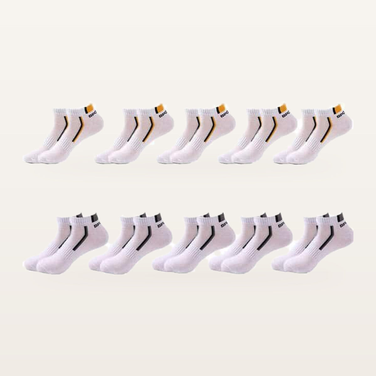 Lot de dix paires de socquettes de sport homme, 5 blanc et jaune + 5 blanc et gris