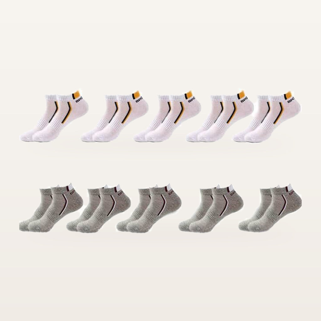 Lot de dix paires de socquettes de sport homme, 5 blanc et jaune + 5 grises