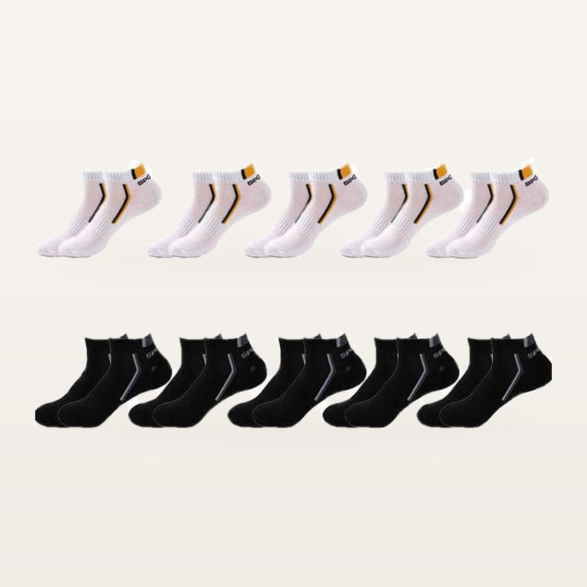 Lot de dix paires de socquettes de sport homme, 5 blanc et jaune + 5 noires
