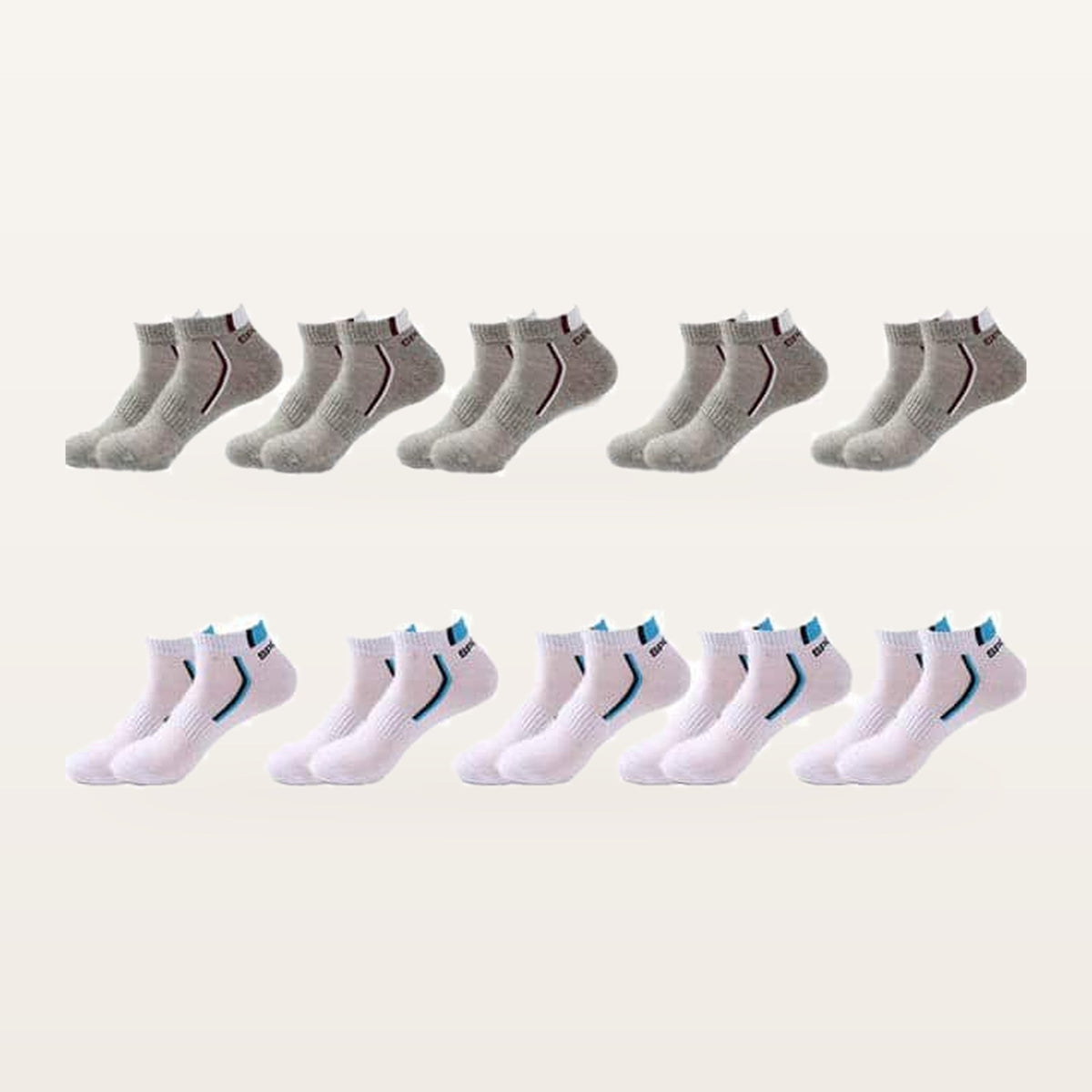 Lot de dix paires de socquettes de sport homme, 5 grises + 5 blanc et bleu
