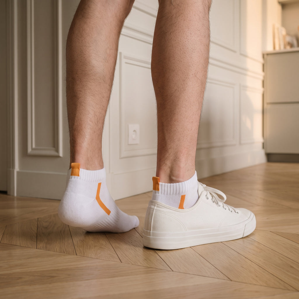 Un pied chaussé d'une basket basse, l'autre en socquette blanche à chevron jaune, sur un parquet
