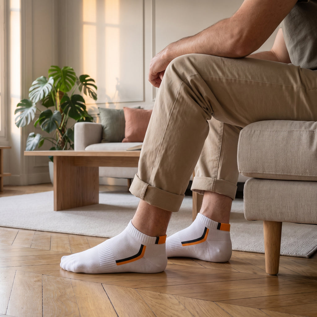 Homme assis sur le bord de son canapé, pieds sur le parquet, en socquettes blanches à chevron jaune
