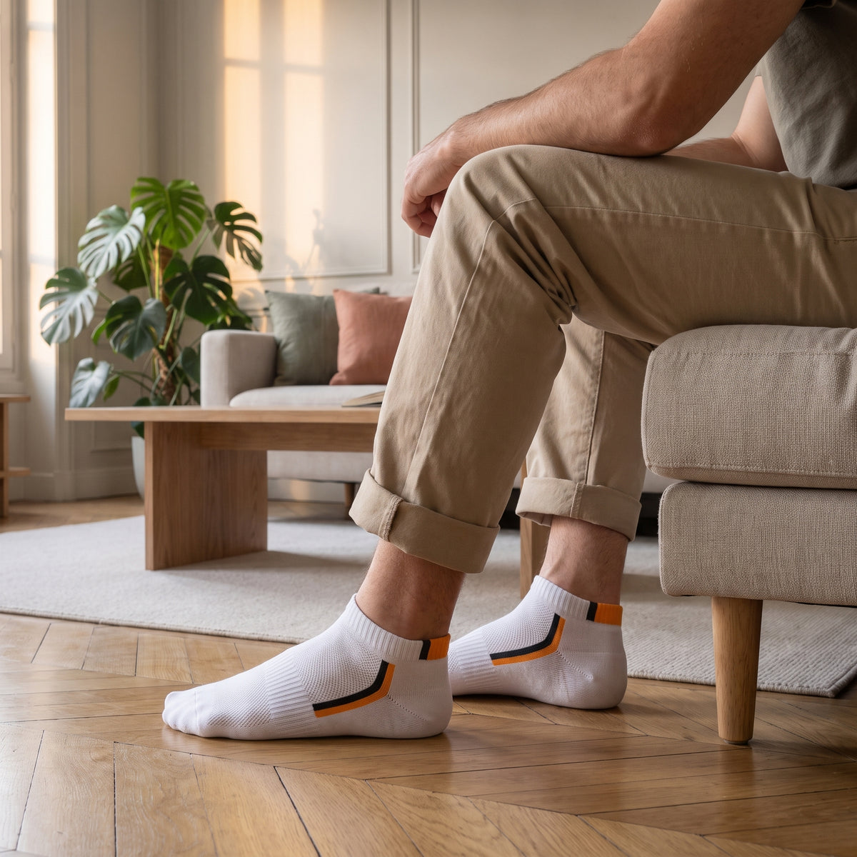 Homme assis sur le bord de son canapé, pieds sur le parquet, en socquettes blanches à chevron jaune