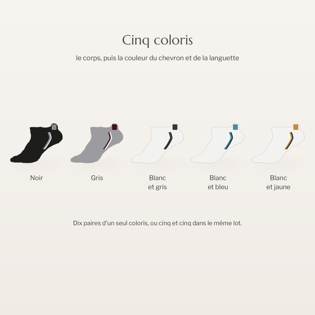 Les cinq coloris des socquettes : le corps, puis la couleur du chevron et de la languette Image