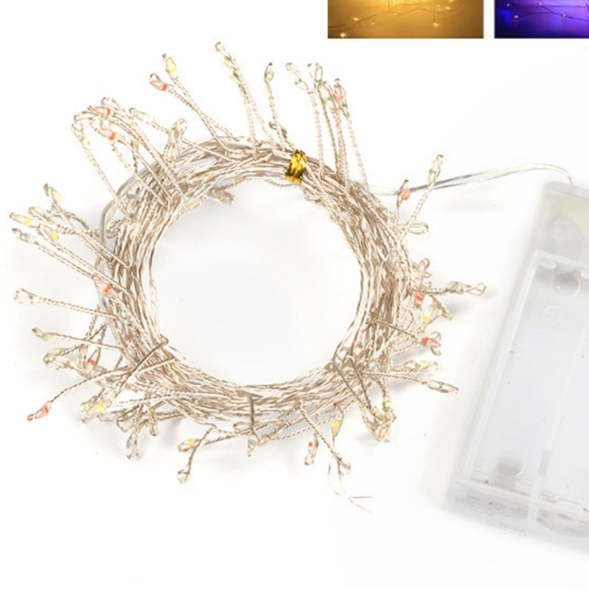 Détail des micro-LED blanc chaud sur le fil fin de la guirlande