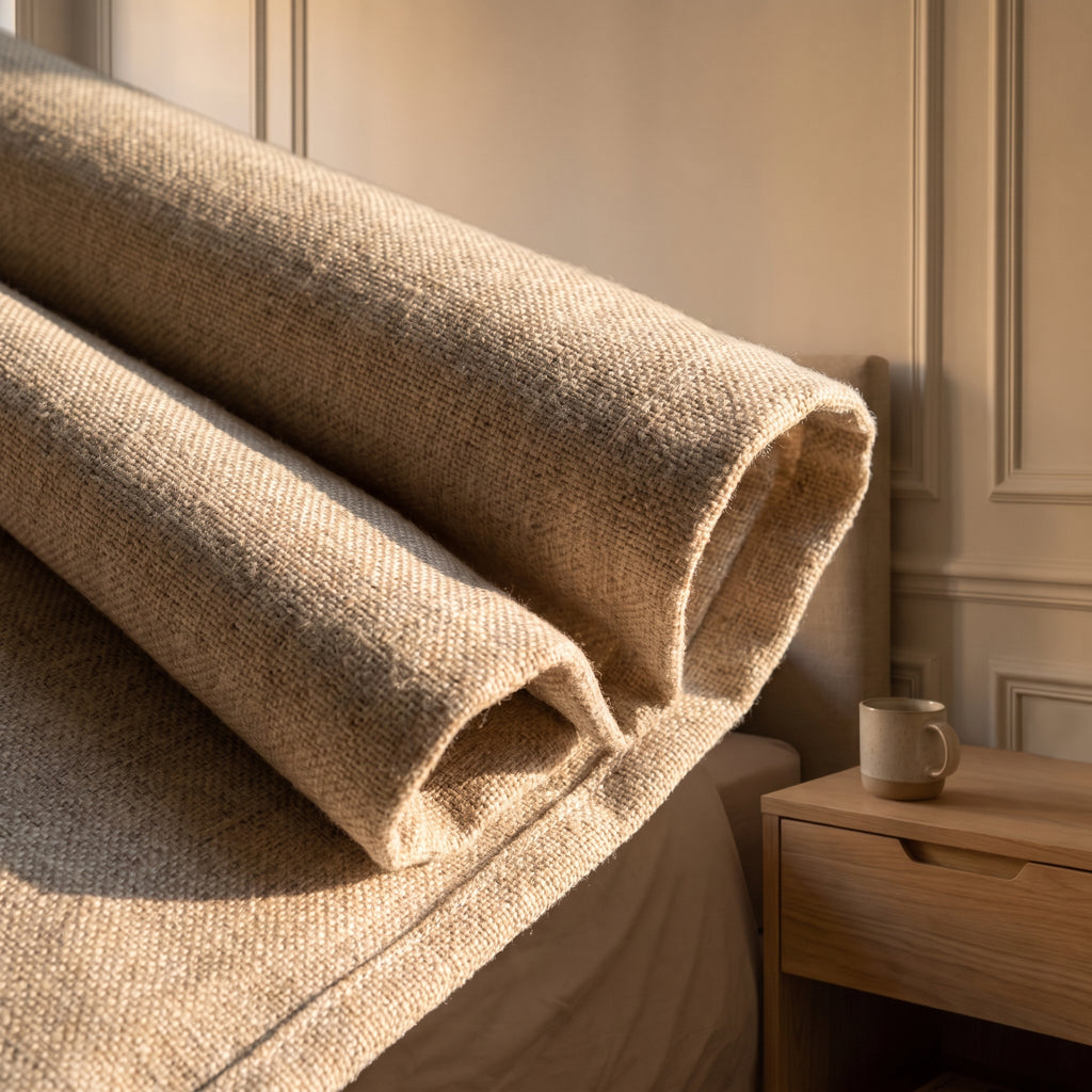 Gros plan sur la toile de lin crème repliée, le grain du tissage et la profondeur des fibres en lumière rasante