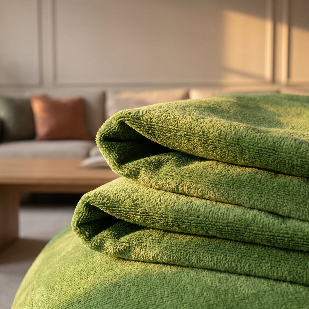 Gros plan sur le tissu doux de la housse de pouf verte, le pli laisse voir la matière veloutée