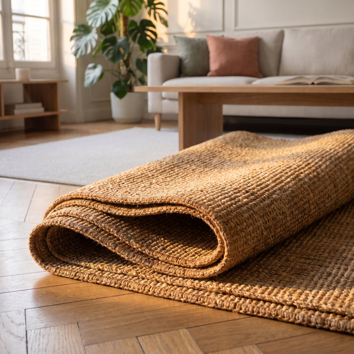 Détail de la texture tissée du petit tapis en sisal beige