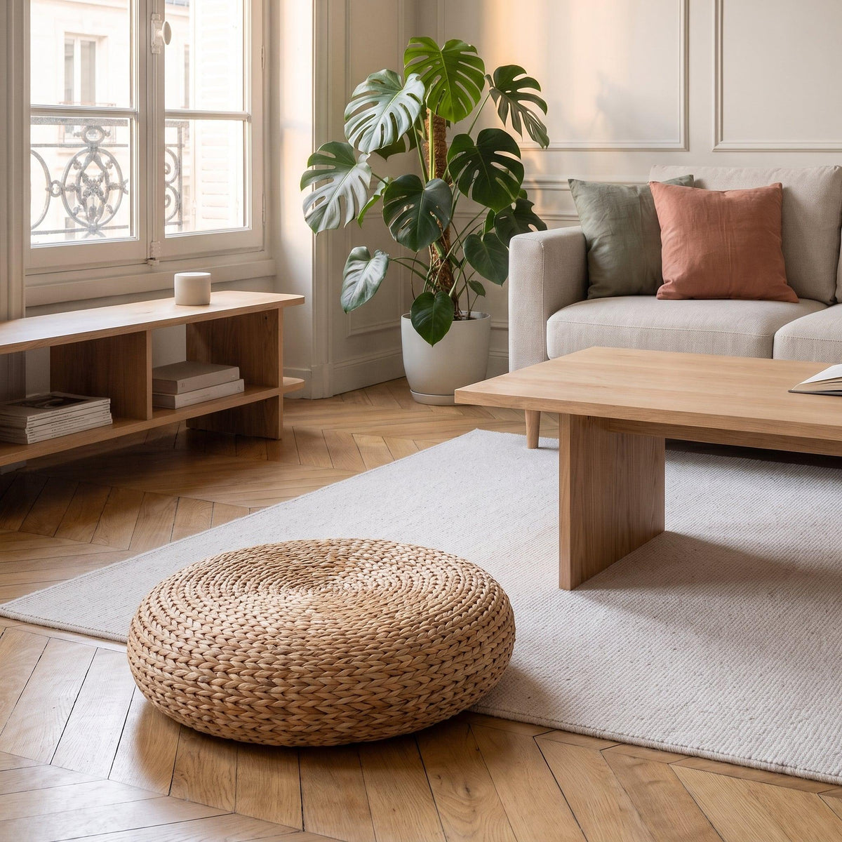 Pouf rond en fibre végétale tressée détail