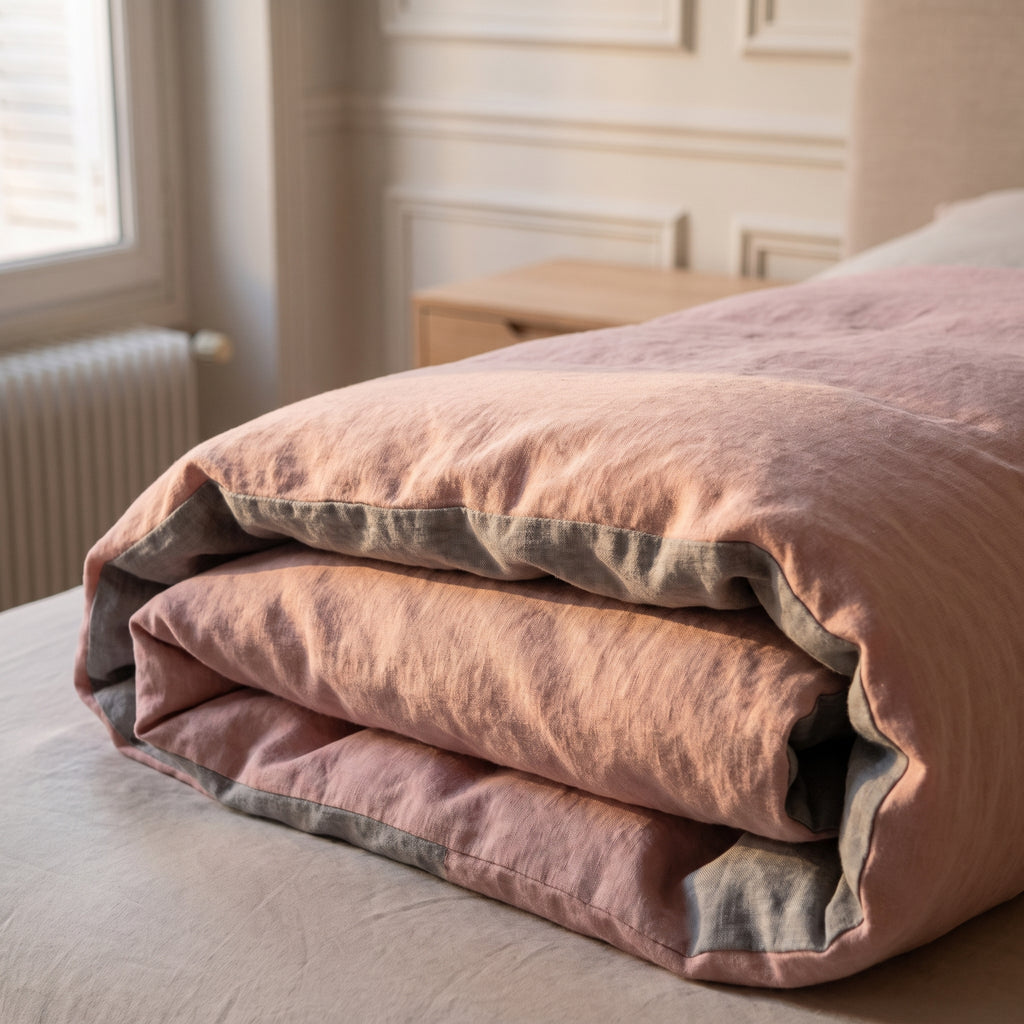 Détail du tissu chiné et de la fermeture de la housse de couette