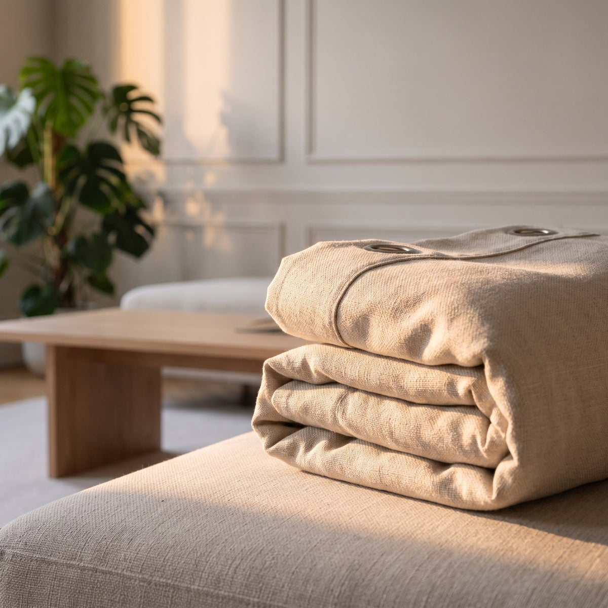 Gros plan du tissu occultant beige