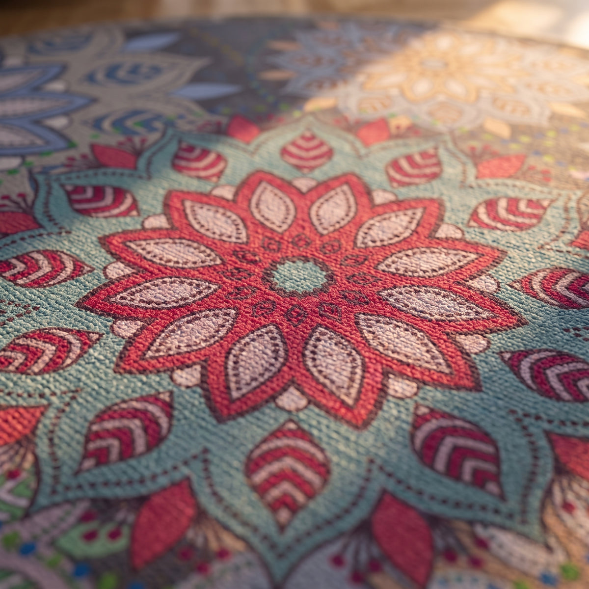 Détail du motif mandala du petit tapis rond multicolore