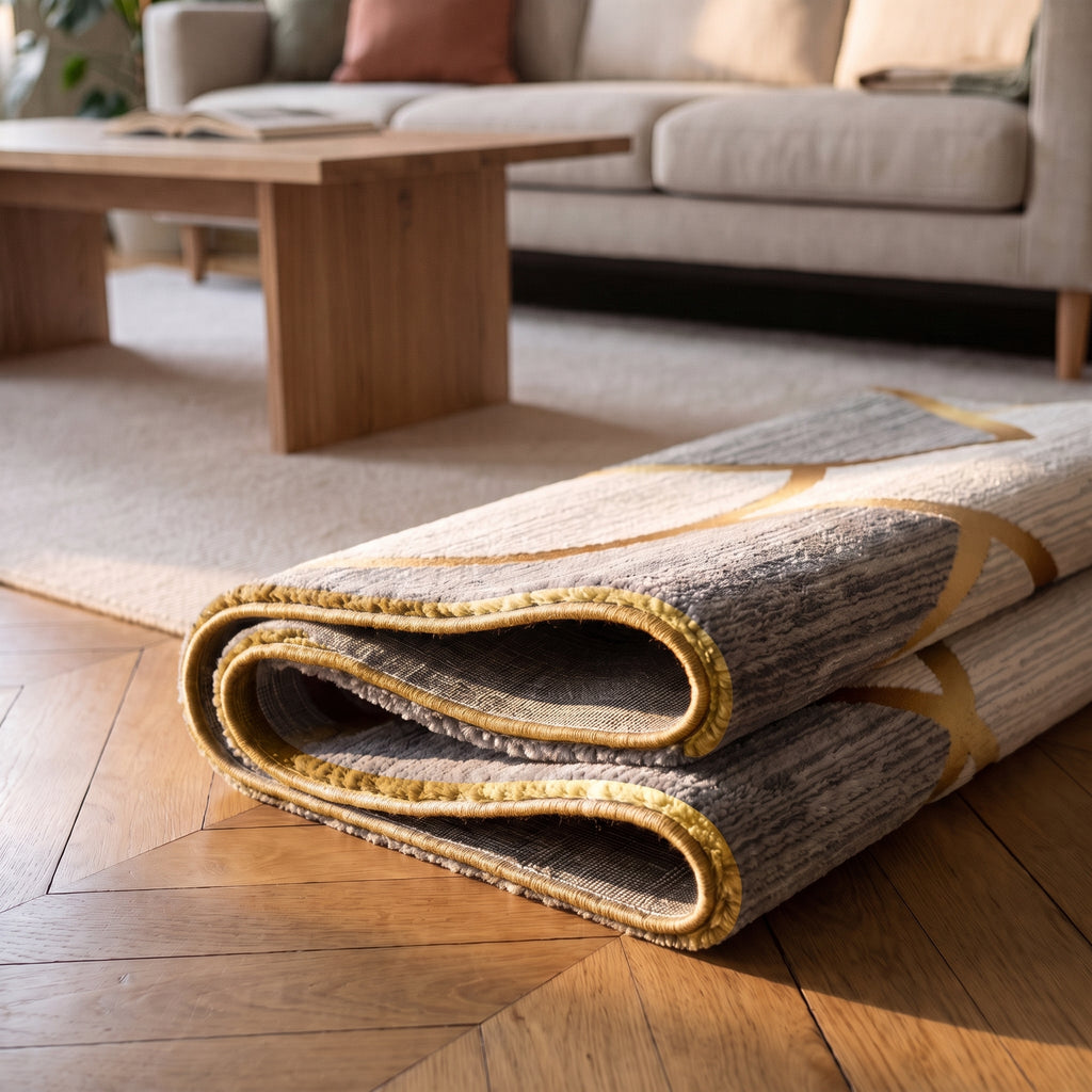 Détail du liseré doré sur les pétales du tapis