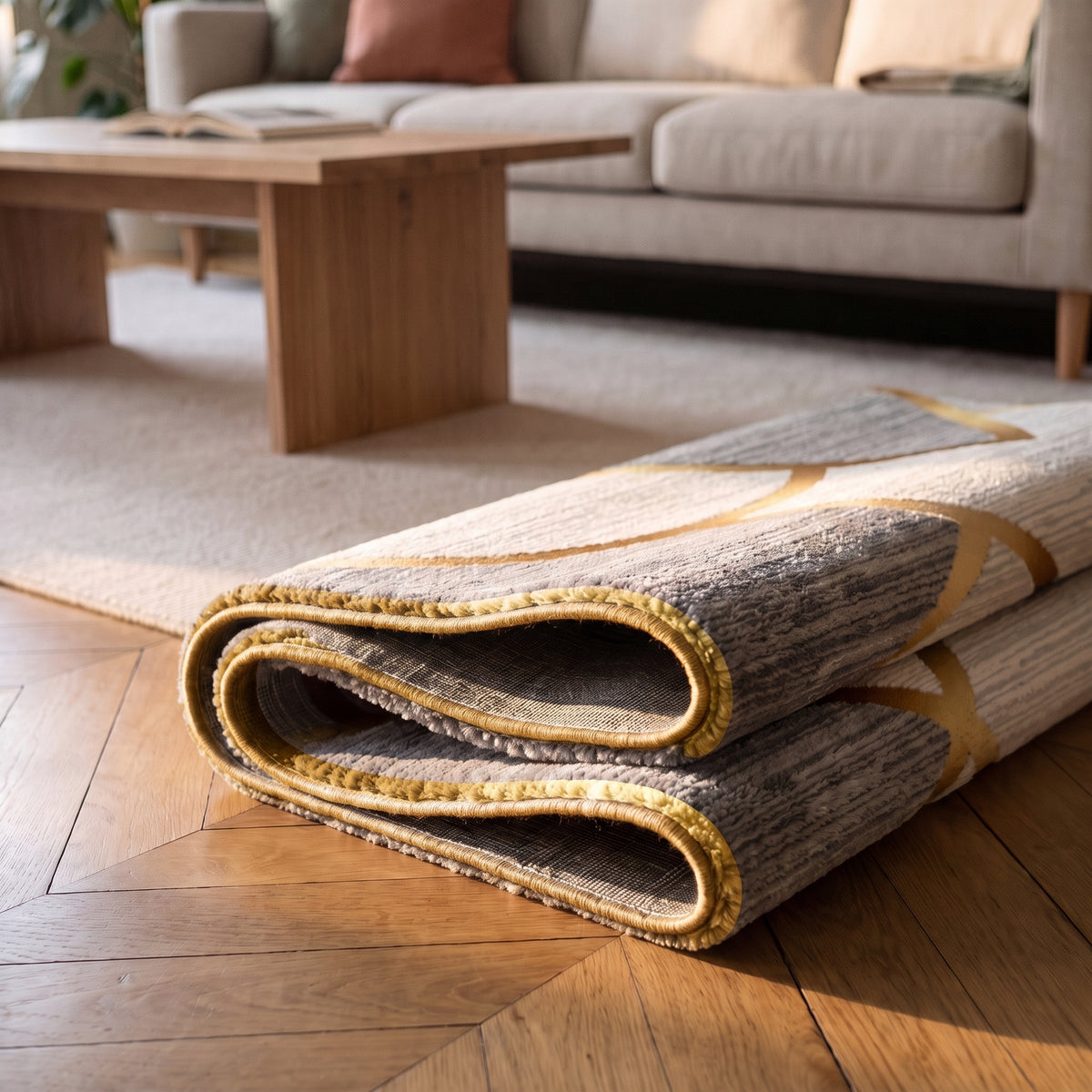 Détail du liseré doré sur les pétales du tapis