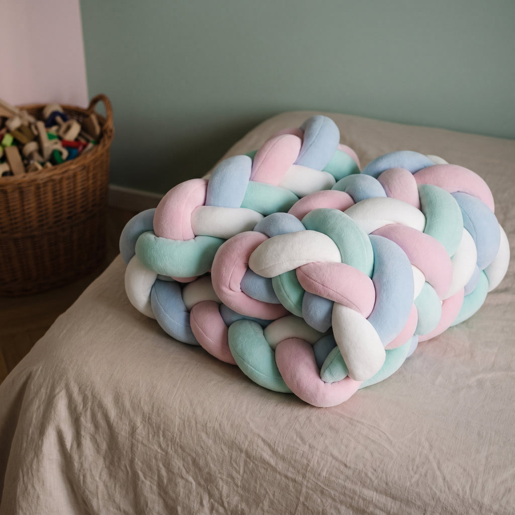 Gros plan sur la tresse rose, les brins pastel entrelacés