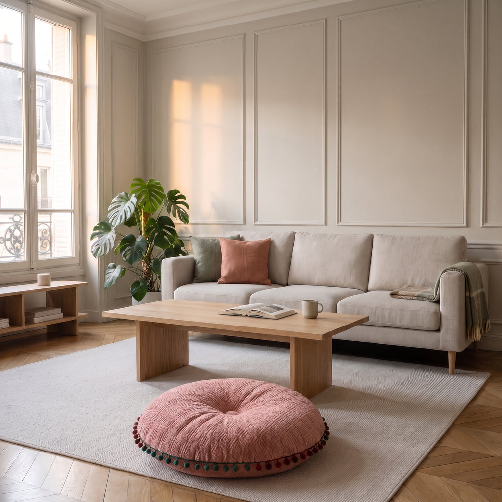 Coussin rond rose à pompons posé au sol
