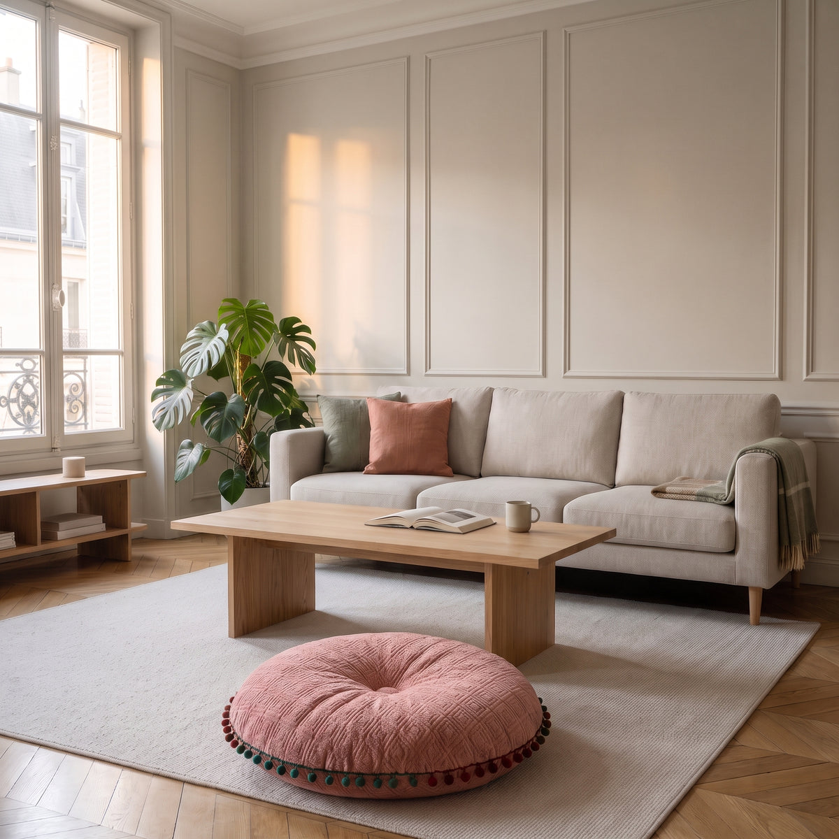 Coussin rond rose à pompons posé au sol