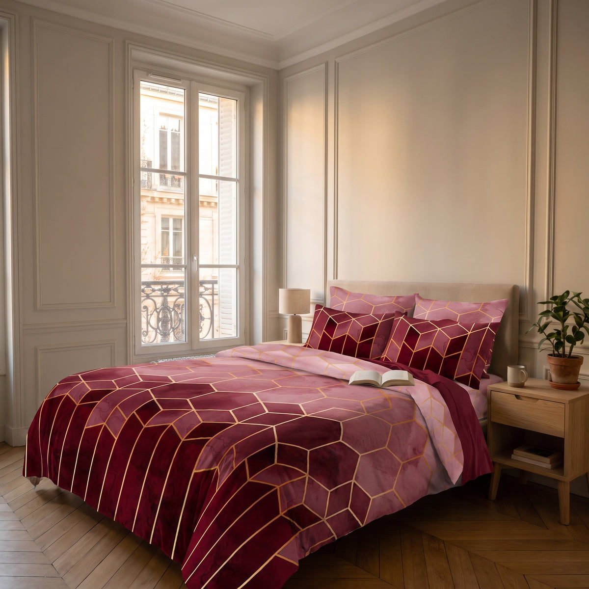 Housse de couette aux lignes dorées dans la chambre