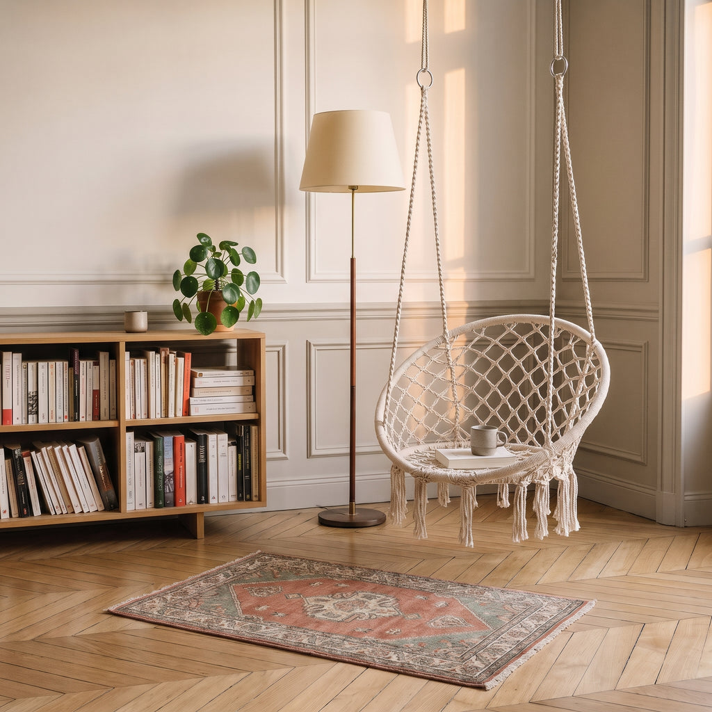Chaise suspendue en corde de coton en situation dans un coin lecture