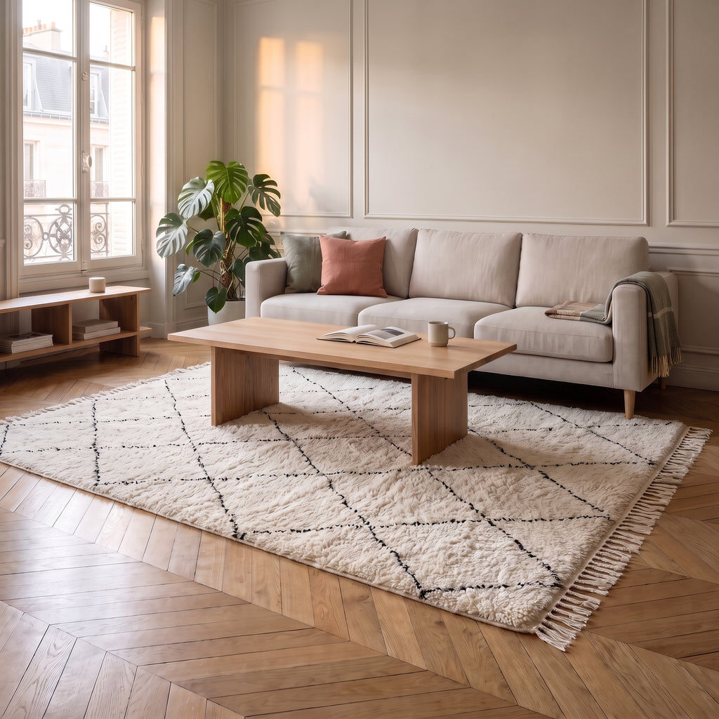 Tapis écru à poil long et losanges vue d'ensemble