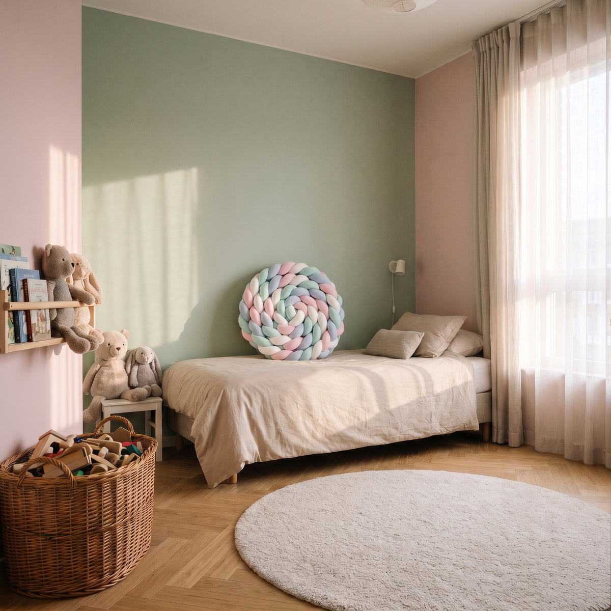 La chambre d'enfant vue de loin, le tour de lit tressé posé sur le lit