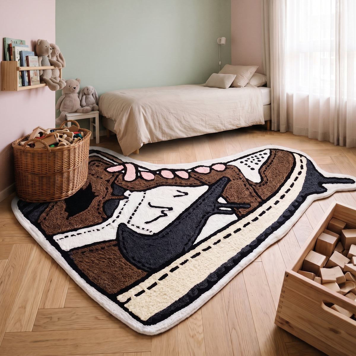 Tapis basket marron vu dans la chambre à sa taille réelle
