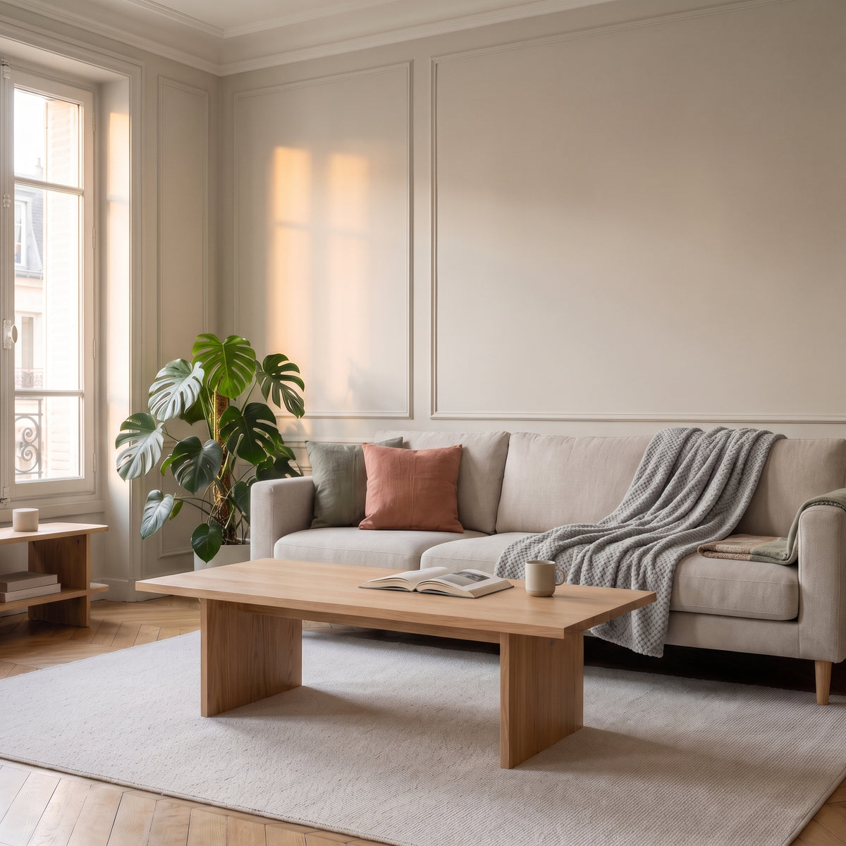 Plaid gris clair posé dans un salon, vu en entier