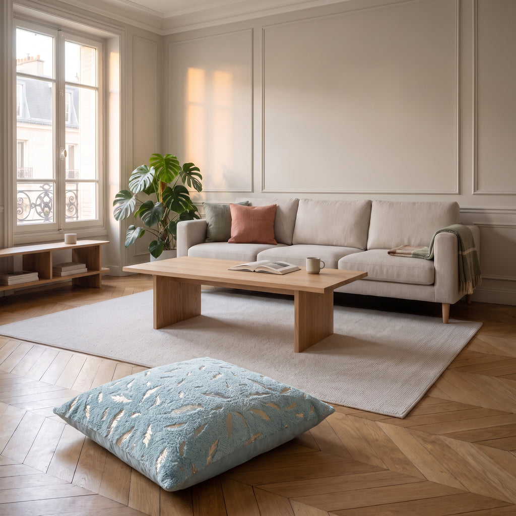 Housse de coussin en velours à plumes dorées posée au sol