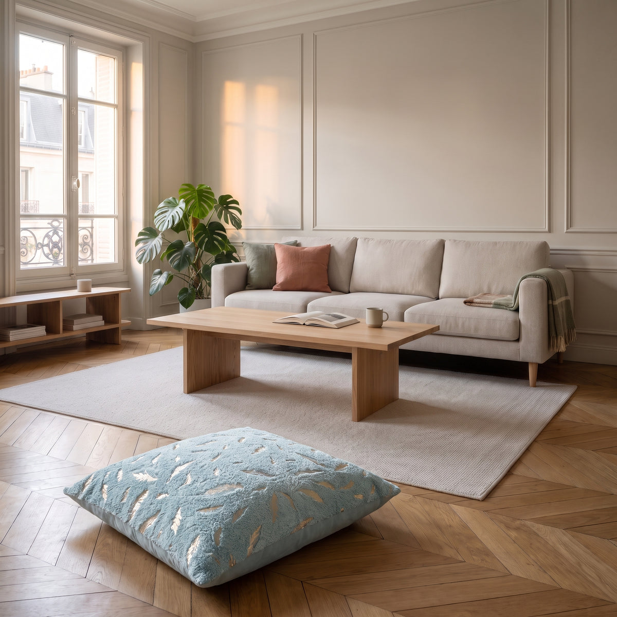 Housse de coussin en velours à plumes dorées posée au sol