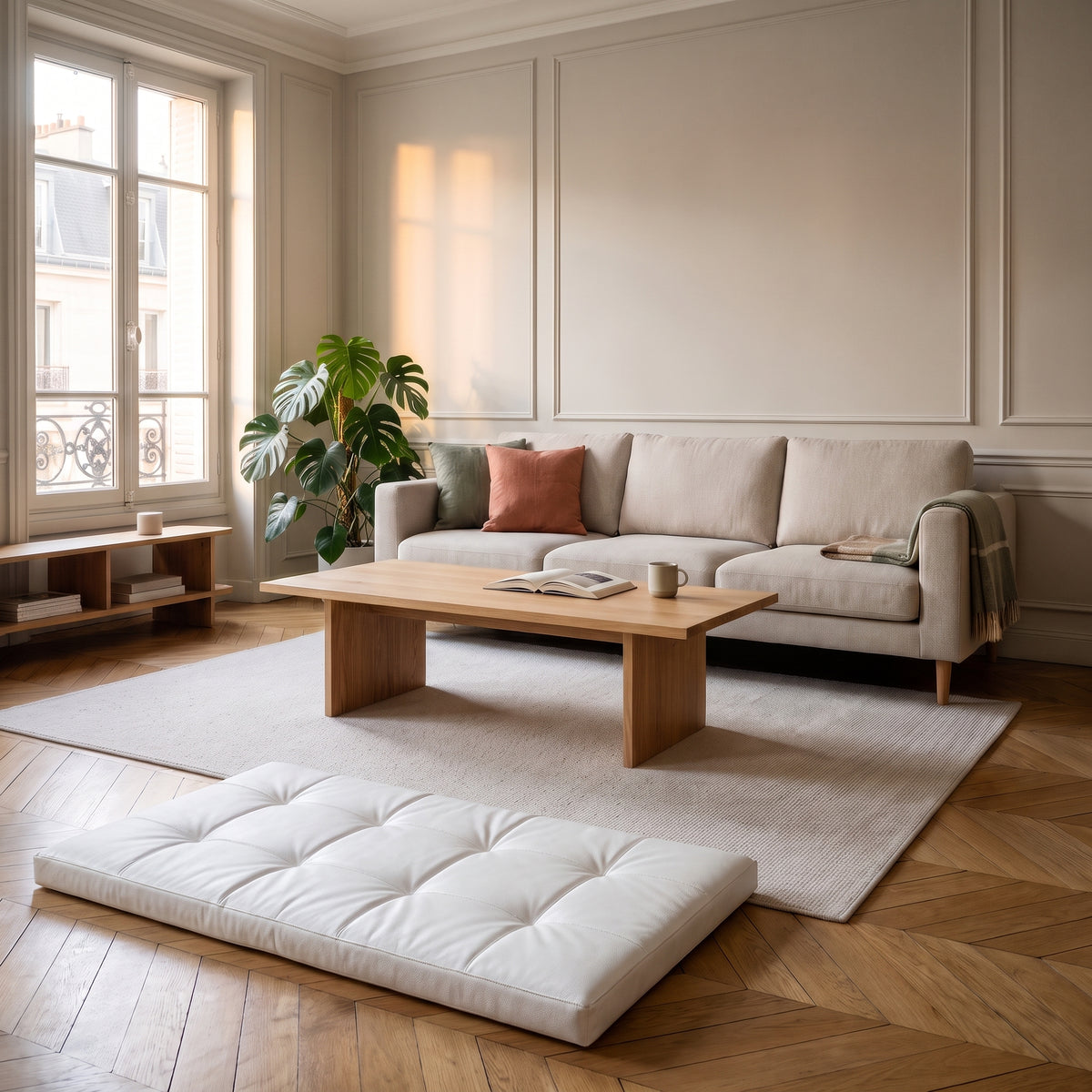 Coussin de sol blanc posé au sol