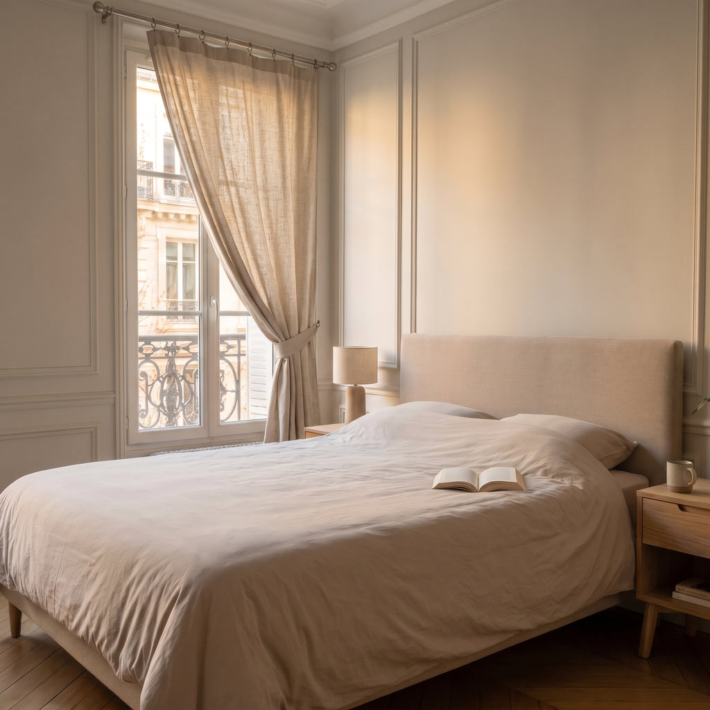 Rideau en lin épais crème ouvert et retenu sur le côté, la chambre entière baignée de lumière du jour