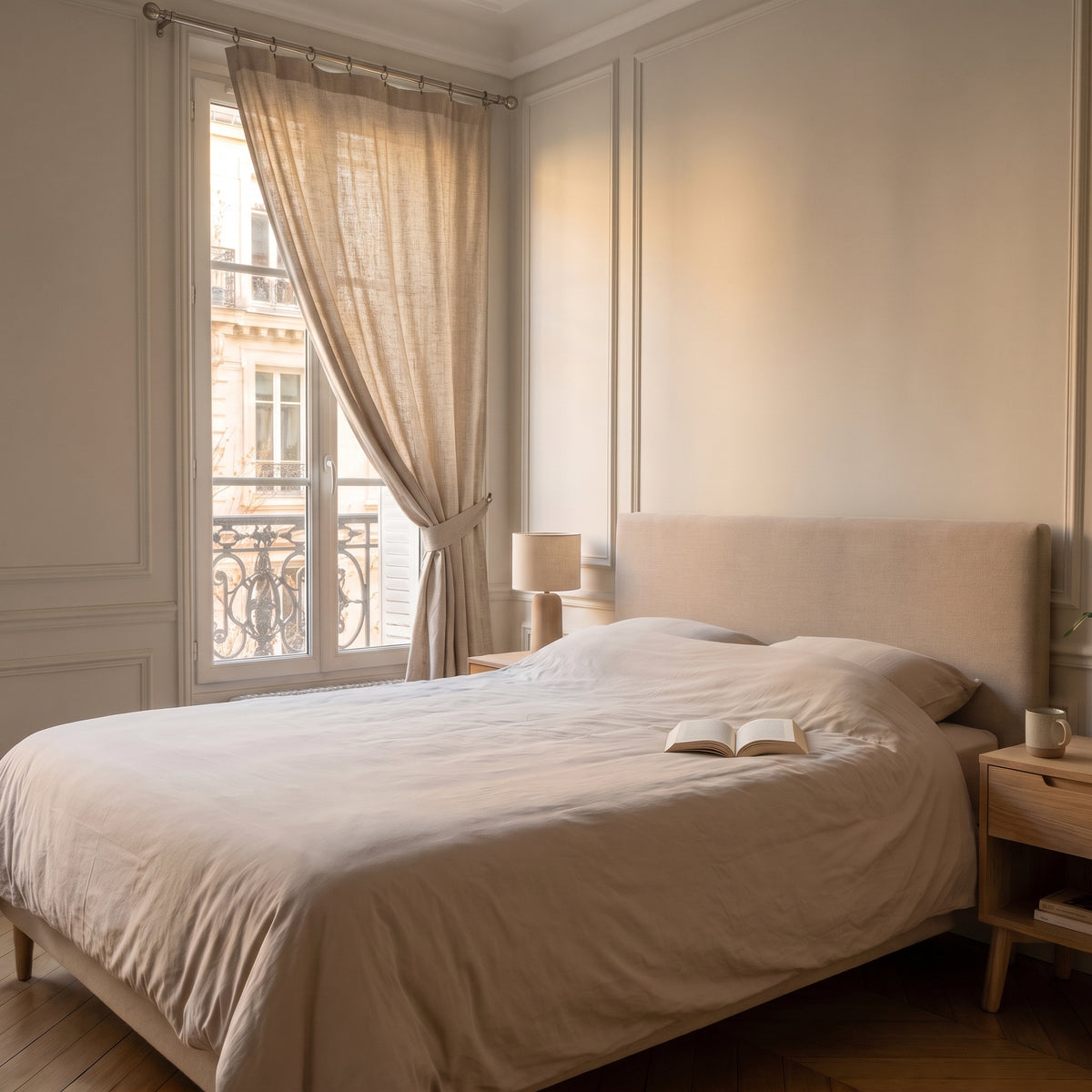 Rideau en lin épais crème ouvert et retenu sur le côté, la chambre entière baignée de lumière du jour