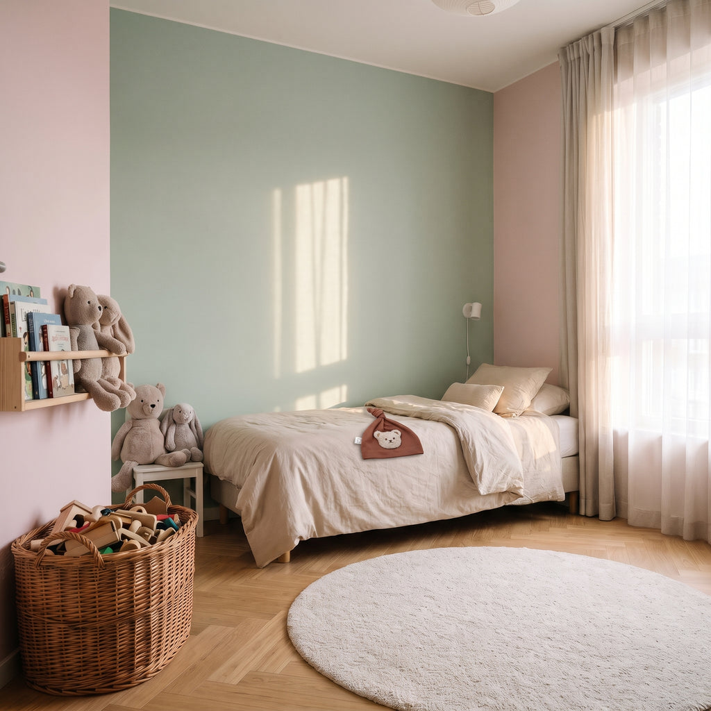 Bonnet bébé à ours en situation dans une chambre d'enfant
