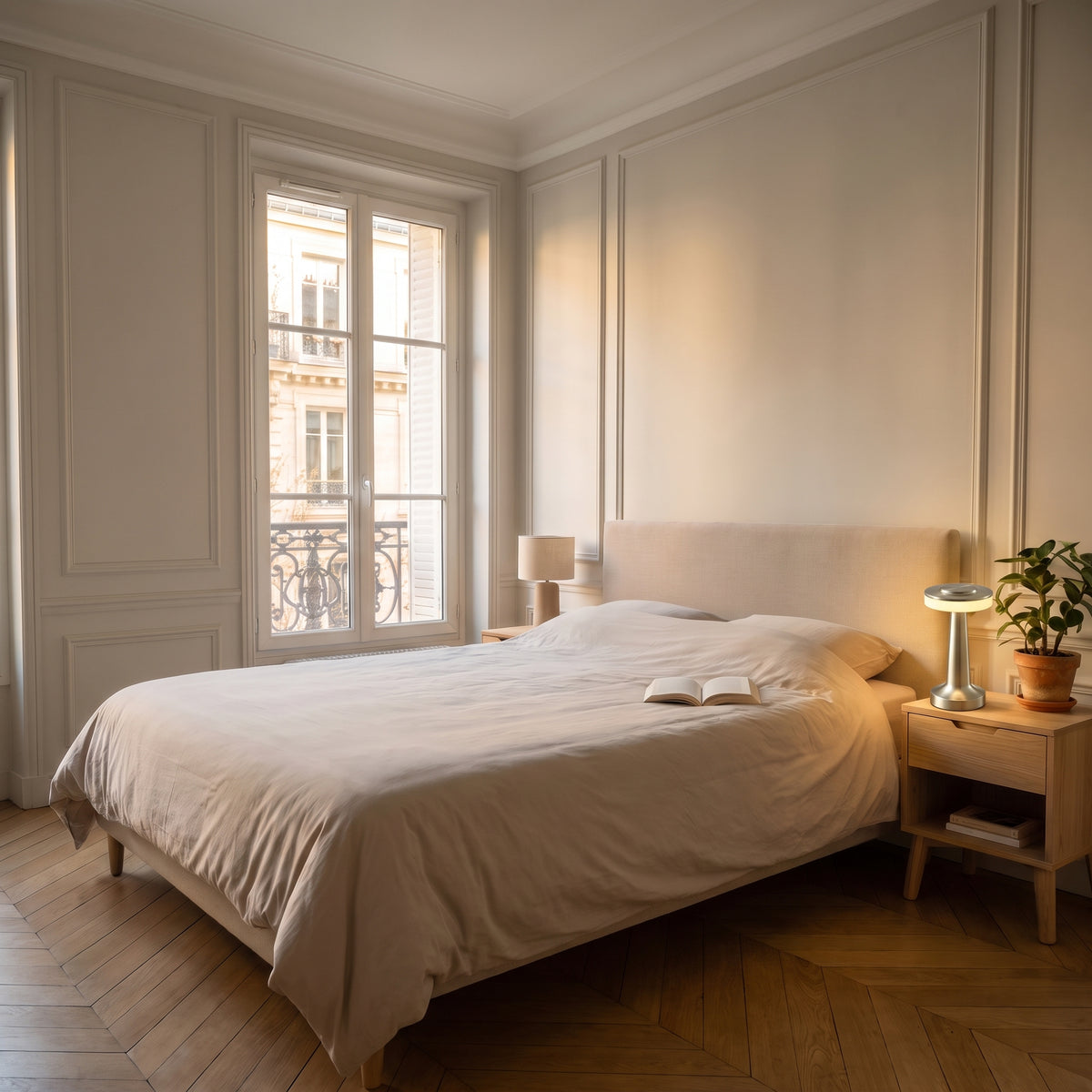 Lampe de table LED argent dans une chambre, à l'échelle