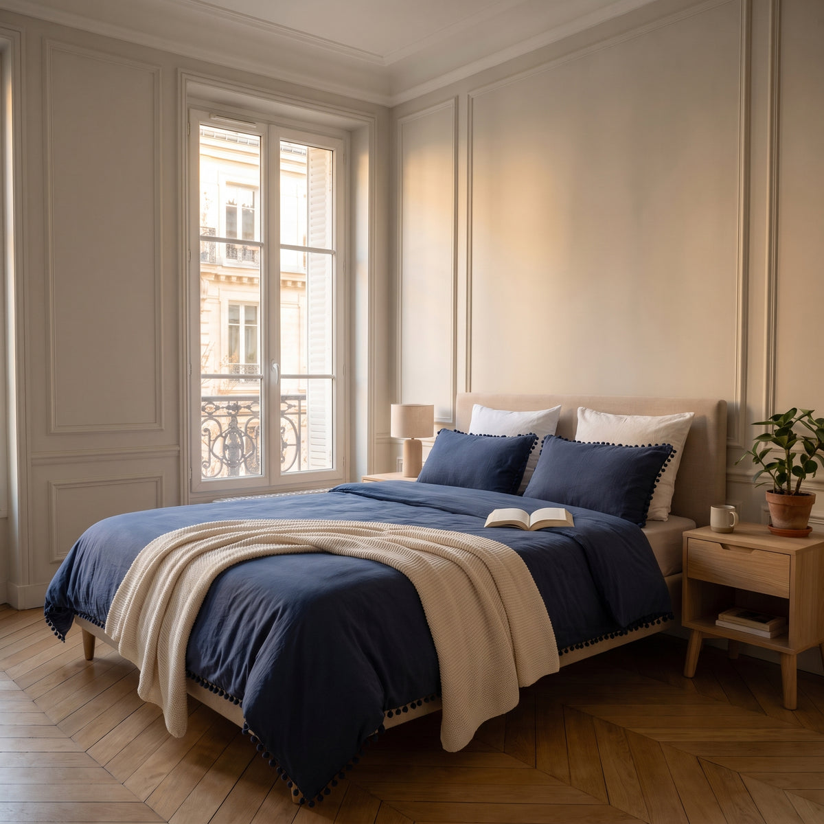Housse de couette à pompons dans la chambre
