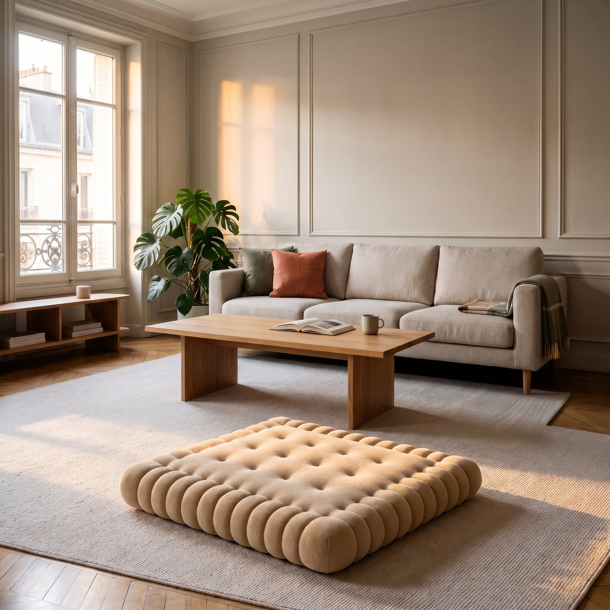 Coussin biscuit beige posé au sol