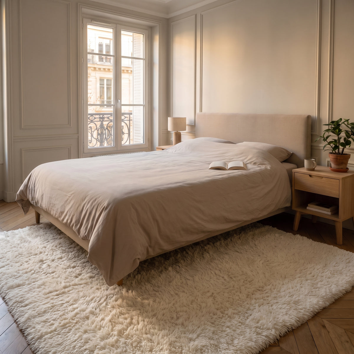 La chambre entière vue de loin, le tapis écru couvre le sol devant le lit et la table de chevet en bois