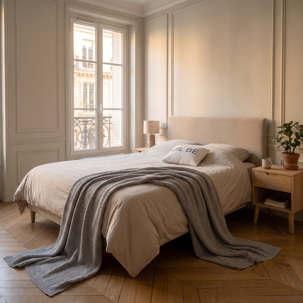 Chambre avec la housse de couette blanche, vue d'ensemble