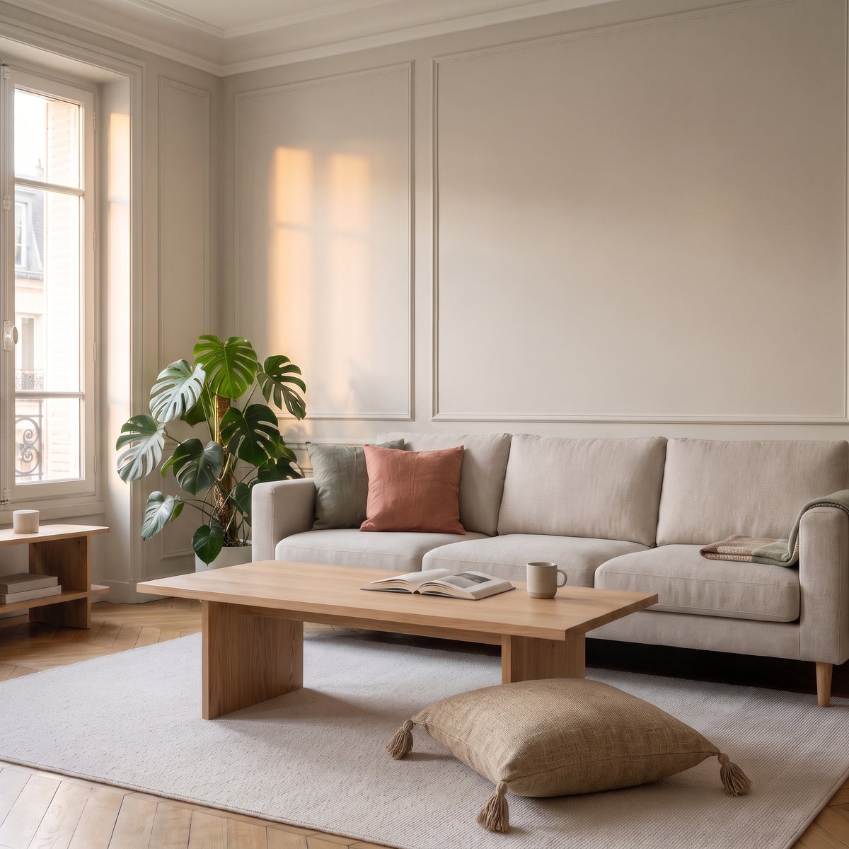 Housse de coussin en coton et chanvre posée au sol