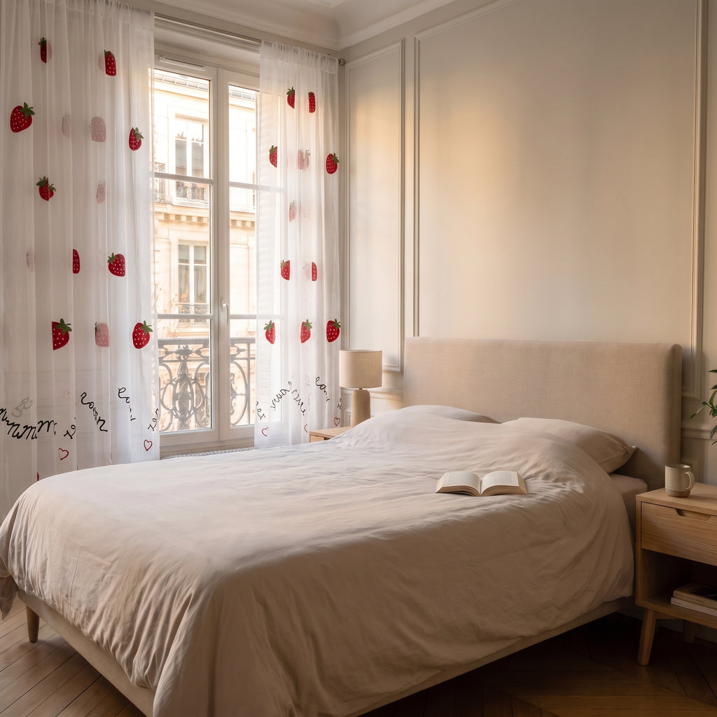 Voilage imprimé fraises devant la fenêtre, vue d'ensemble de la chambre