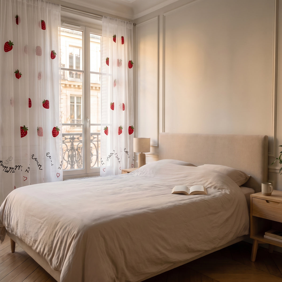 Voilage imprimé fraises devant la fenêtre, vue d'ensemble de la chambre