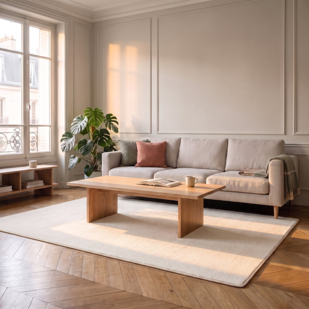 La chambre vue de loin, le tapis blanc couvre le sol devant le lit et la table de chevet