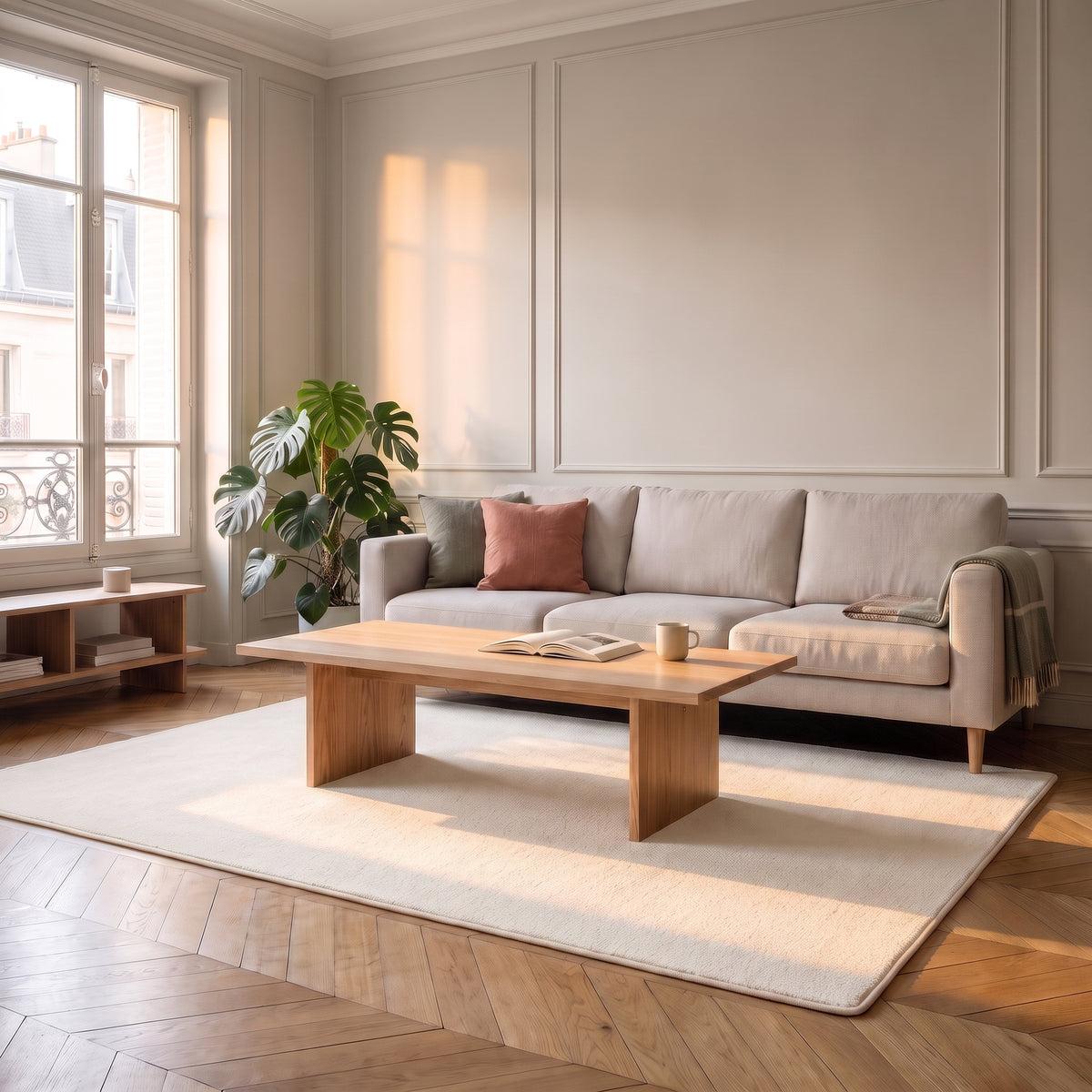 La chambre vue de loin, le tapis blanc couvre le sol devant le lit et la table de chevet