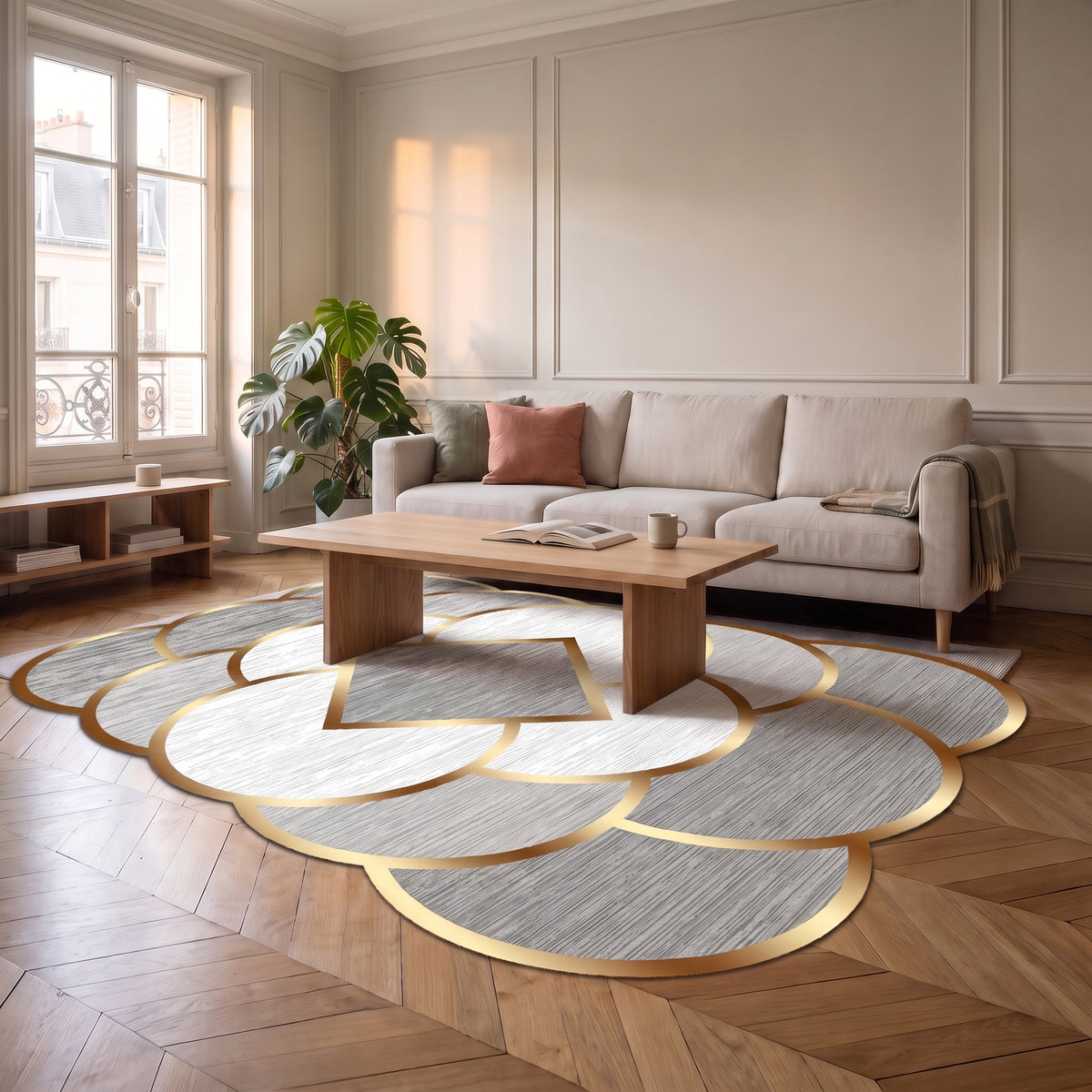 Tapis à pétales vu dans le salon à sa taille réelle