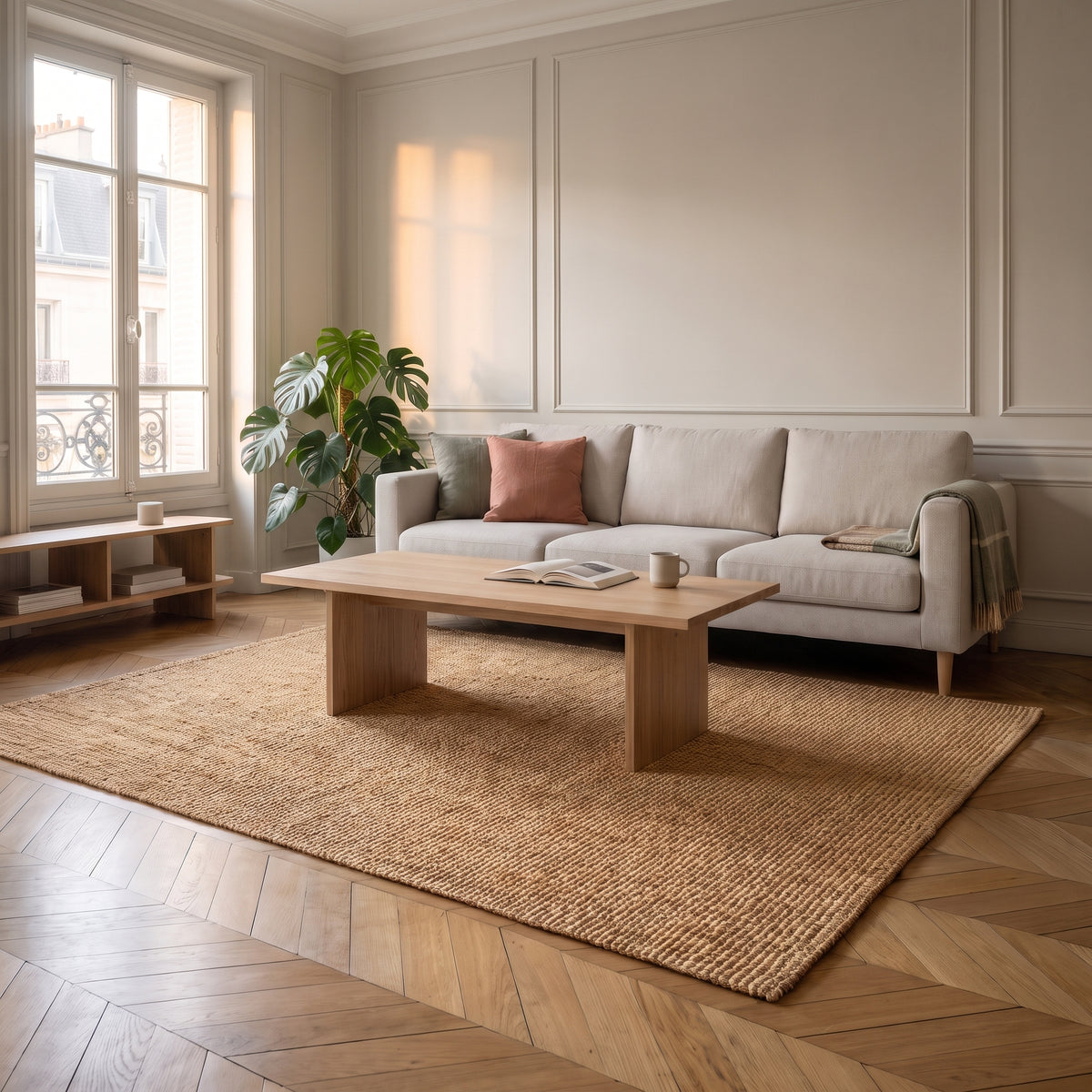 Petit tapis en sisal beige dans un salon, vu d'ensemble