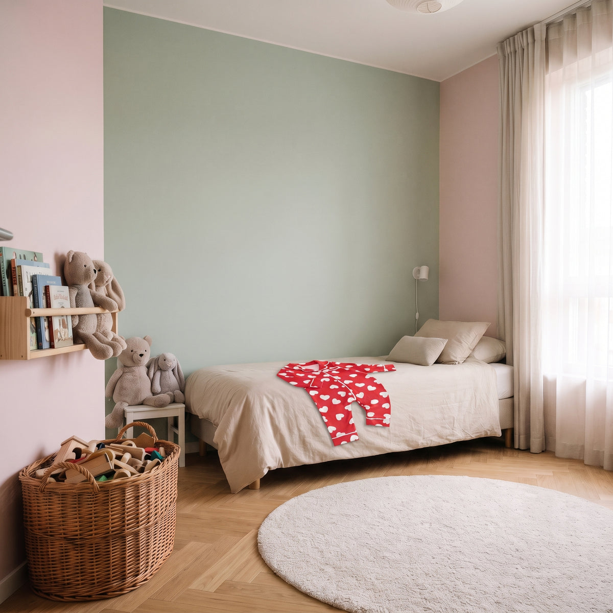 Combinaison pyjama bébé à cœurs dépliée sur un lit d'enfant, vue d'ensemble