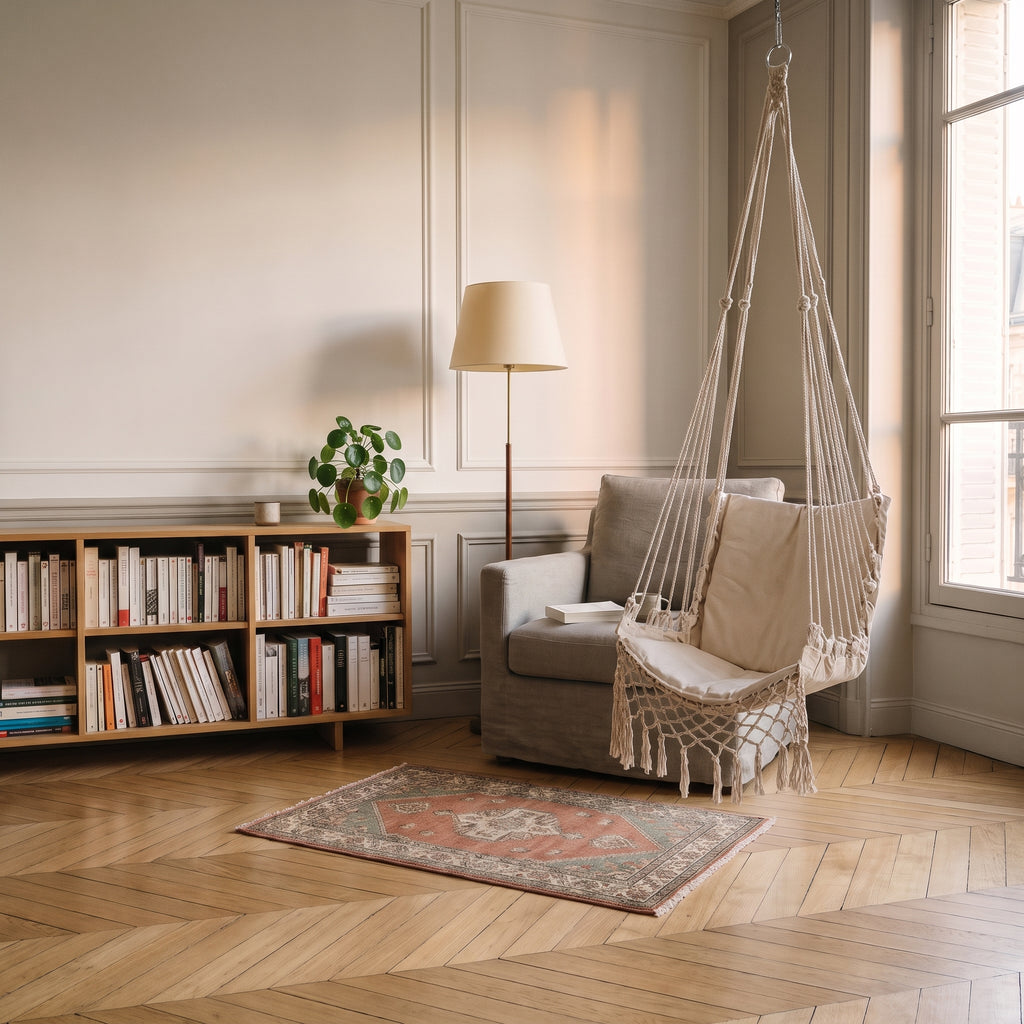 Chaise hamac blanche en macramé en situation dans un coin lecture