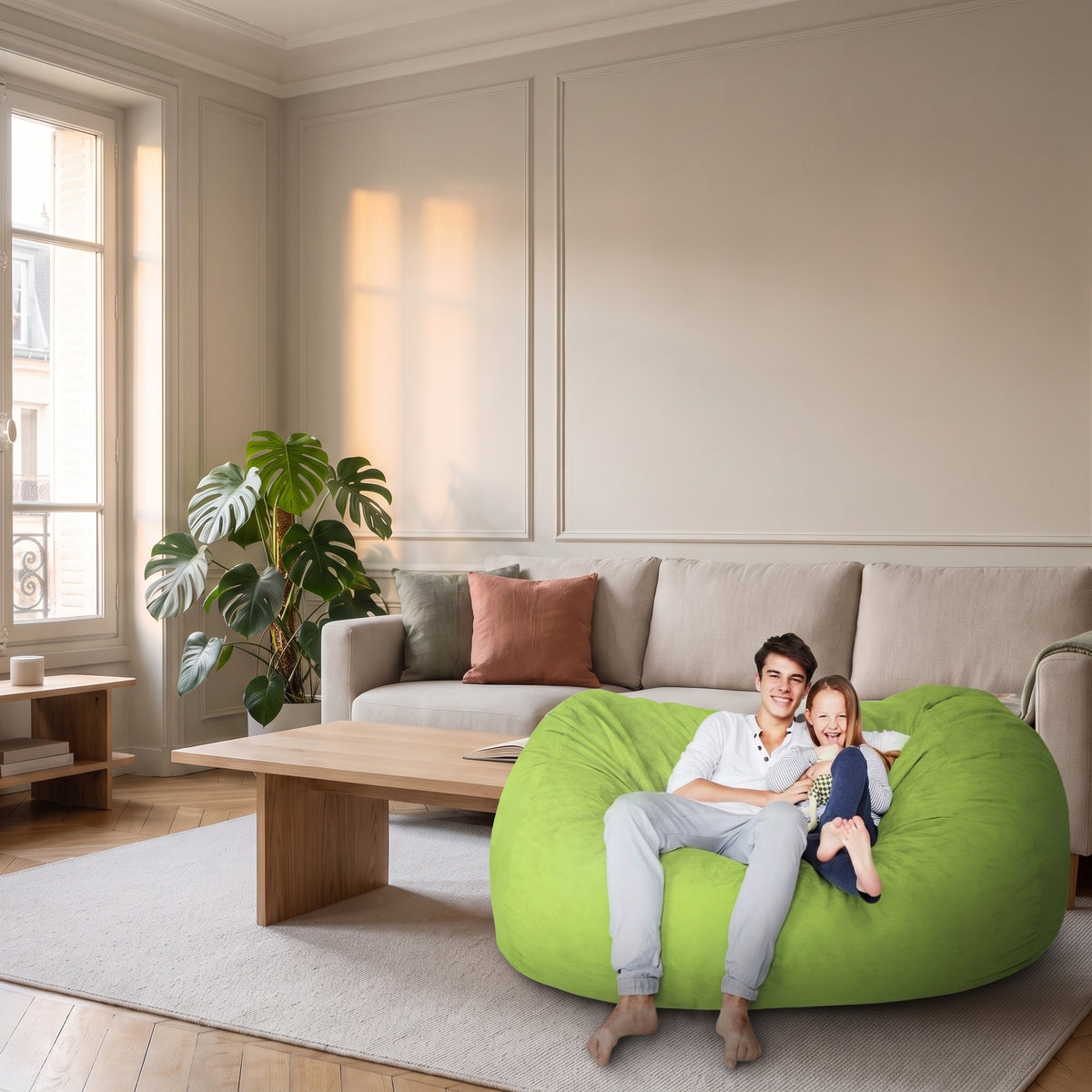 Le salon entier avec le pouf géant vert posé au sol, à l'échelle du canapé et de la table basse