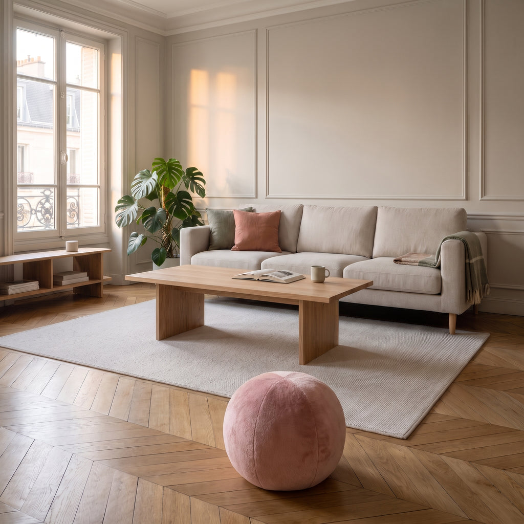 Coussin boule rose posé au sol