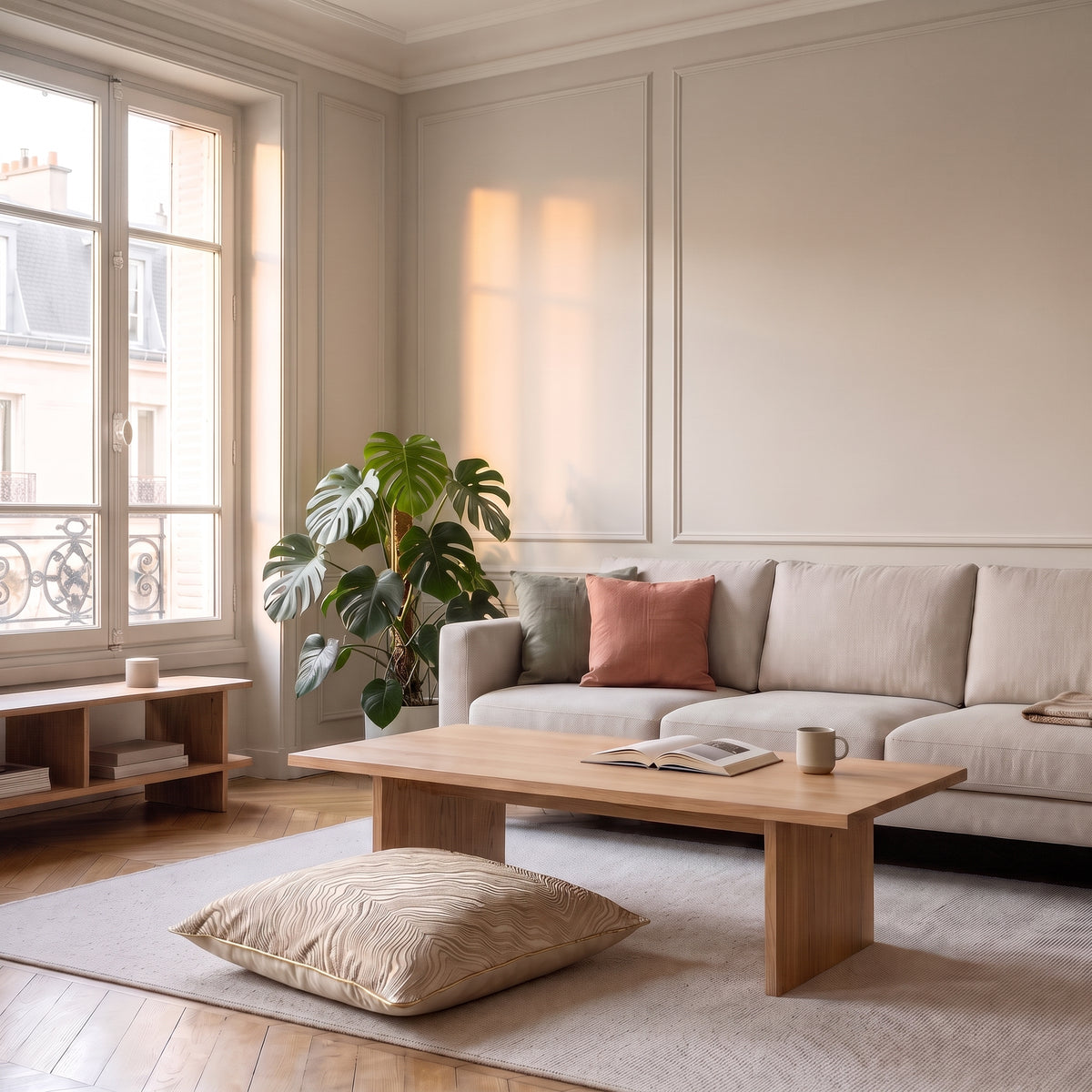 Coussin jacquard satiné ivoire vu dans le salon à sa taille réelle